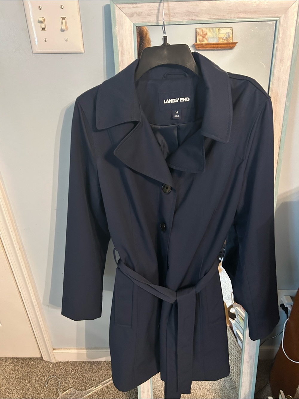 Lands' End Navy Belted Trench Coat